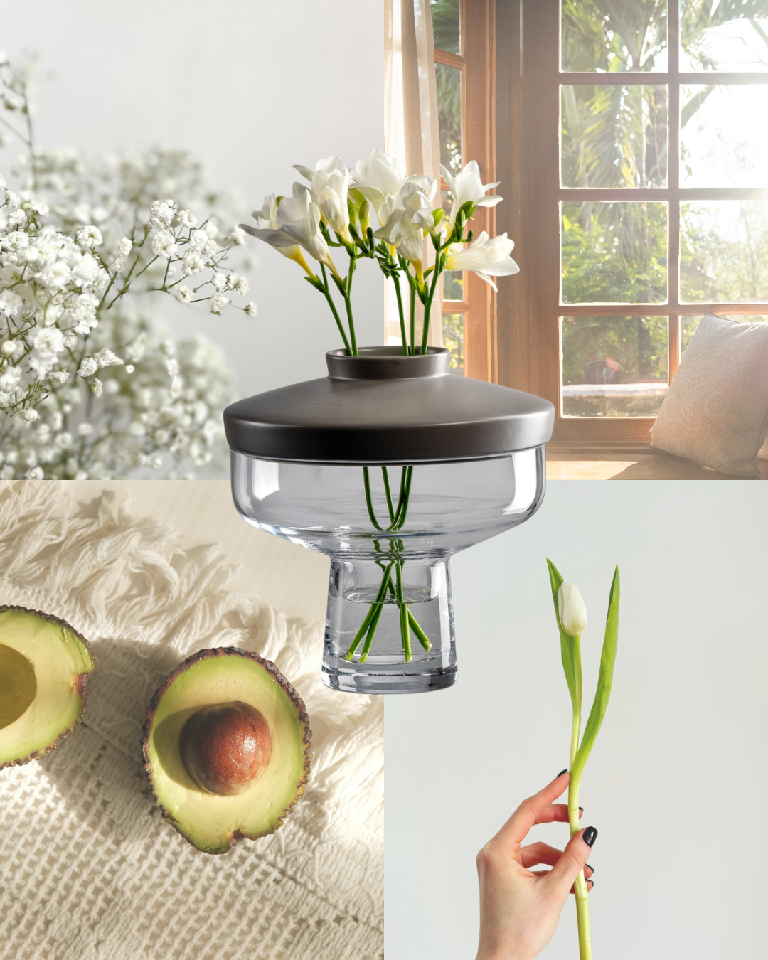 Minimalistische Glasvase mit grauem Deckel und weißen Blumen, umgeben von hellen, natürlichen Szenen wie Fensterlicht, Avocado und zarten Blüten.