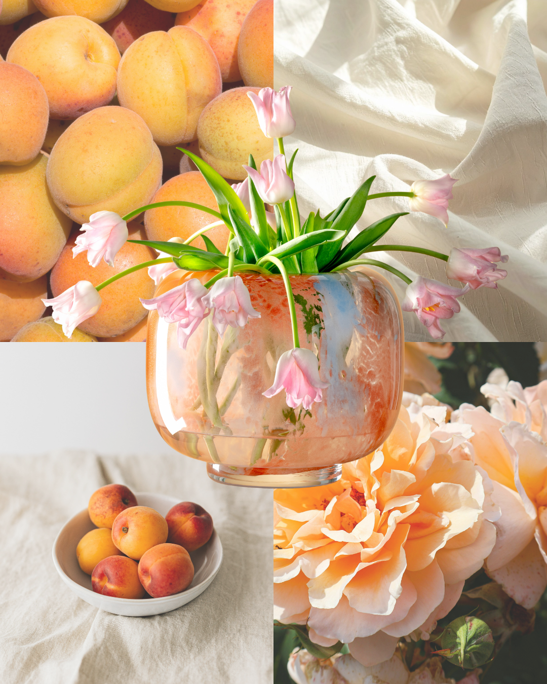 Runde Glasvase in warmem Apricotton mit rosa Tulpen, kombiniert mit Bildern von Aprikosen, Stoff und Pfingstrosen.