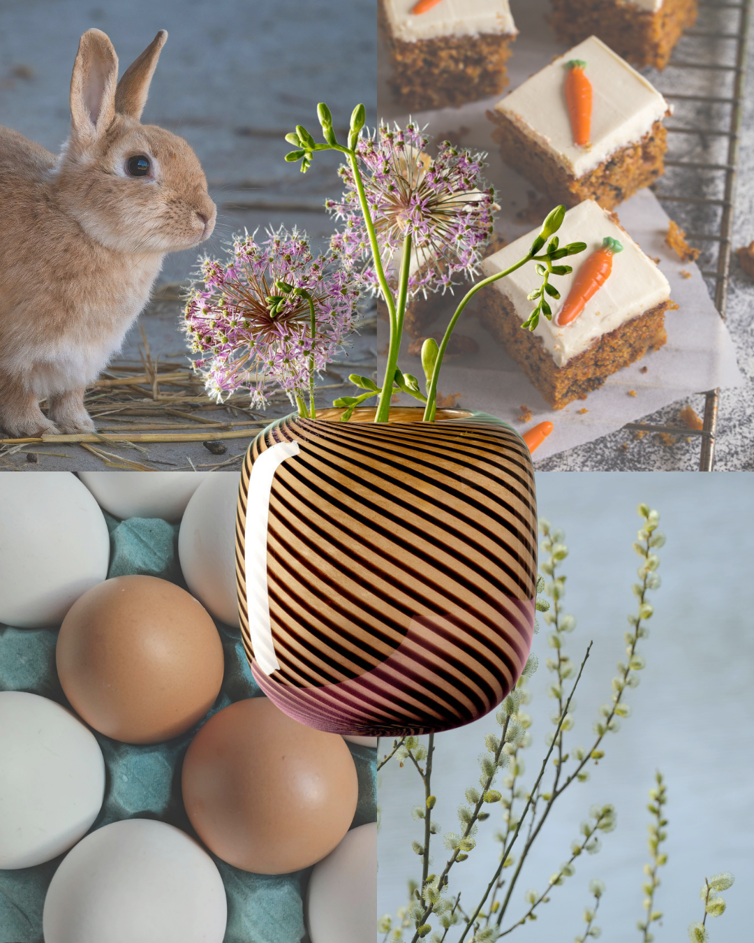 Dekorative, braune Vase mit Streifenmuster und zarten Blüten, umgeben von Motiven wie Hase, Karottenkuchen, Eiern und Frühlingszweigen.