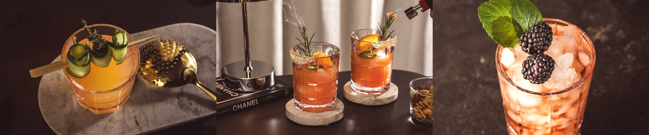 Verschiedene Cocktailkreationen in modernen Gläsern werden aus unterschiedlichen Perspektiven und in atmosphärischer Beleuchtung präsentiert.