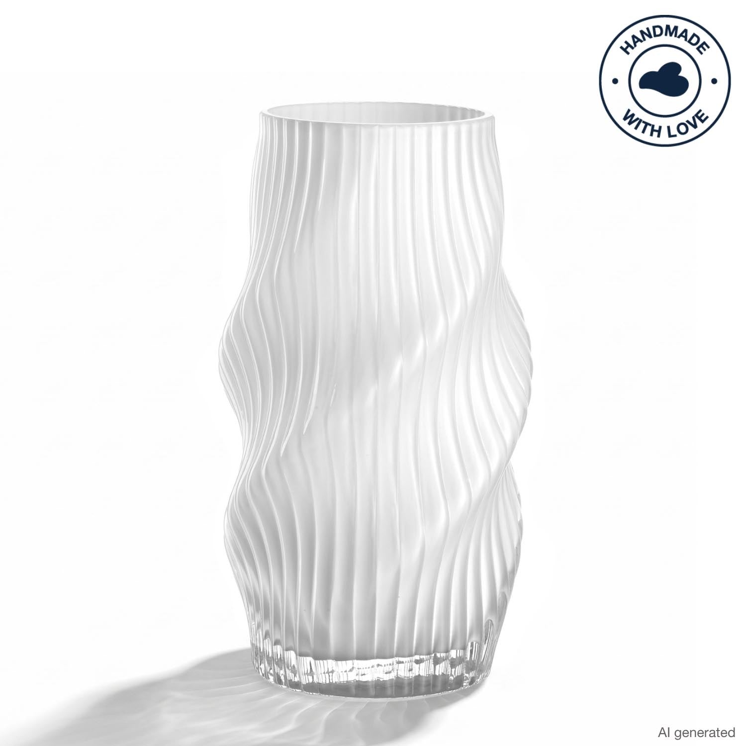 Vase VERDI 23 cm weiß aus Glas mit gewelltem Oberflächenmuster, Nahaufnahme vor weißem Hintergrund