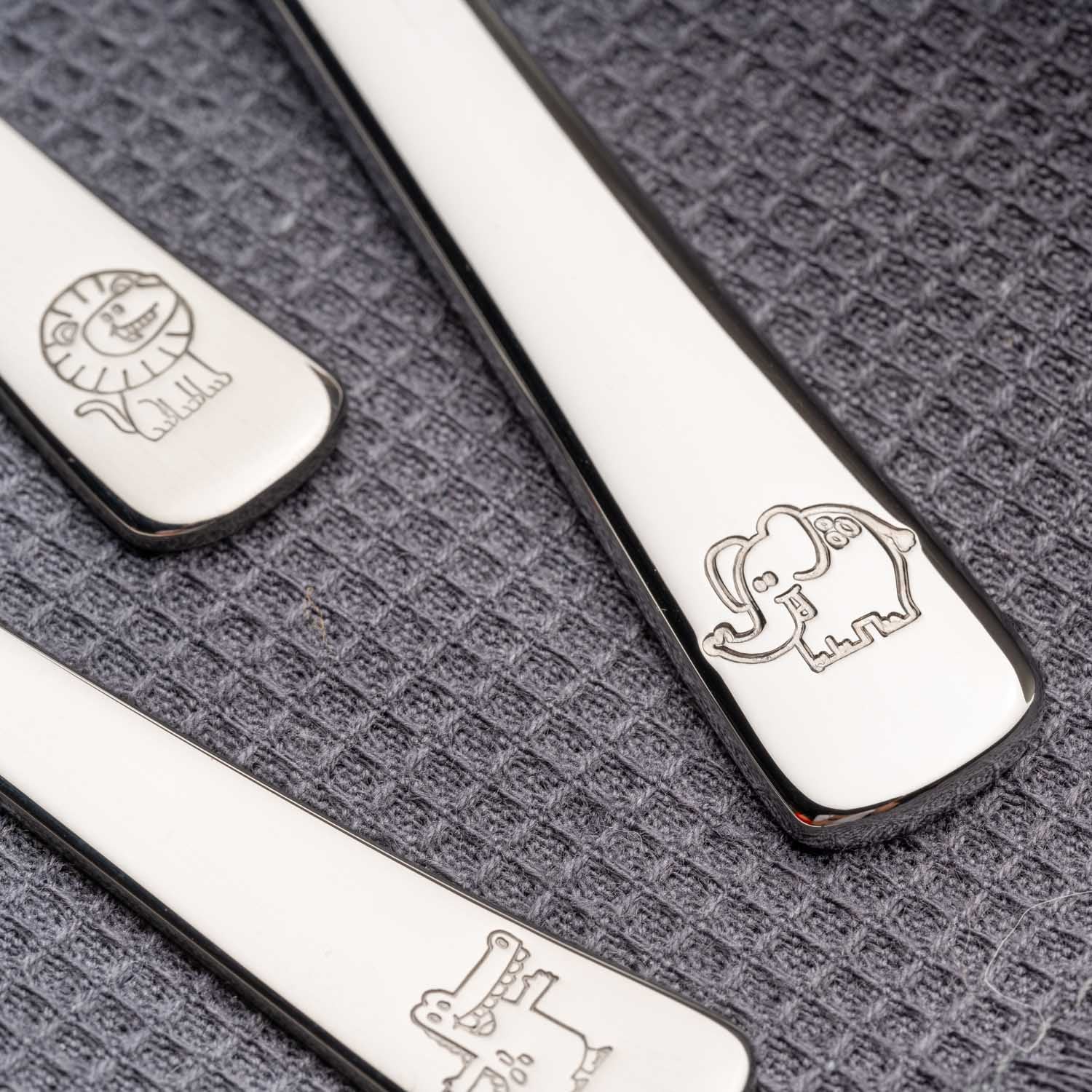 Kinderbesteck BAMBINI 4-teilig silber Krokodil, Elefant, Löwe