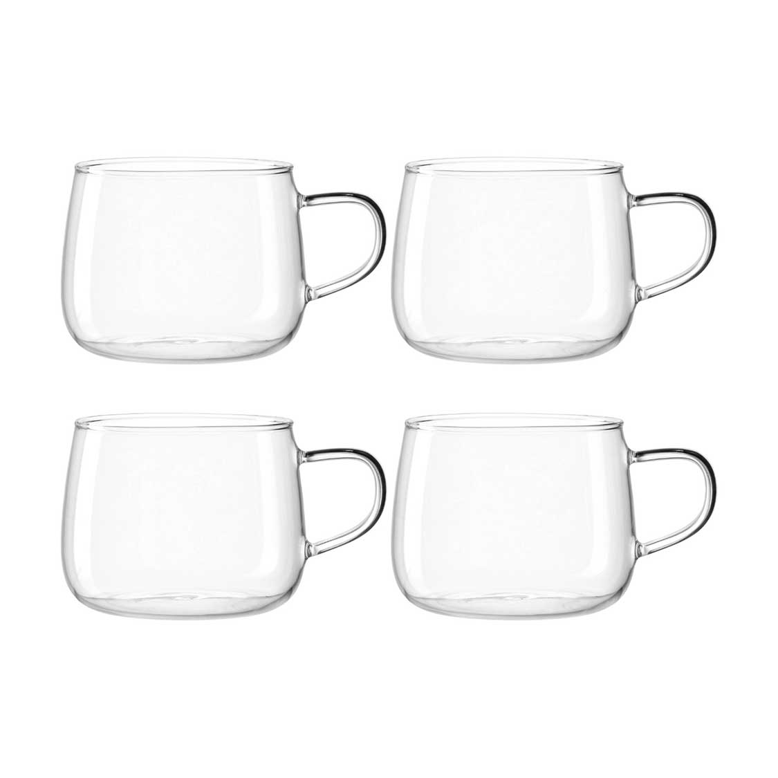 Vier klare Glasteetassen Teetasse TÈ PER TE mit Henkel in Reihen angeordnet