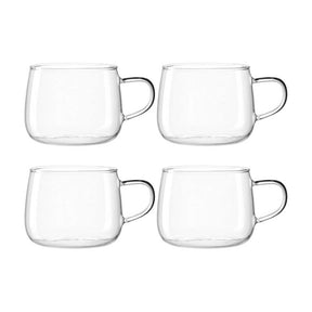 Vier klare Glasteetassen Teetasse TÈ PER TE mit Henkel in Reihen angeordnet