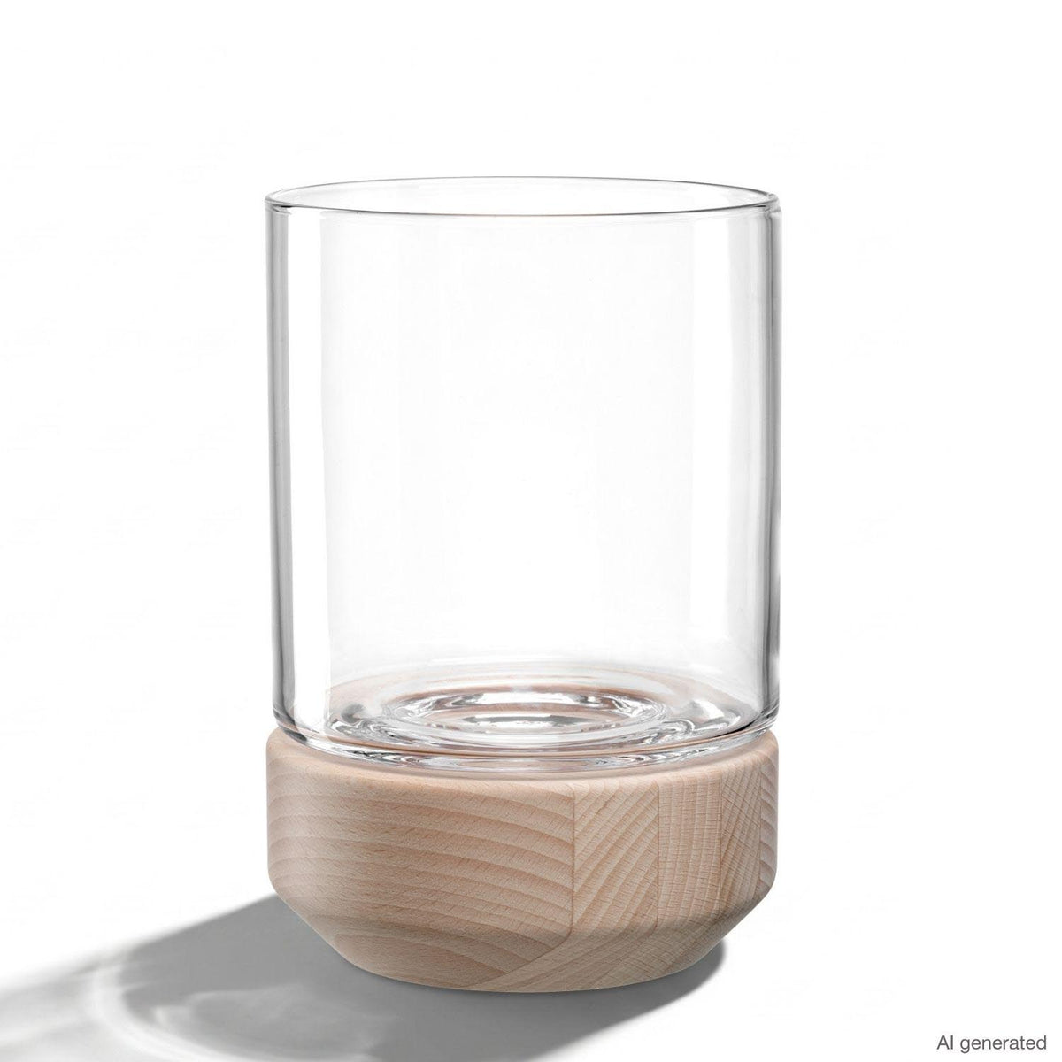 Windlicht auf Holzsockel LEGNO mit Glaszylinder auf weißem Hintergrund