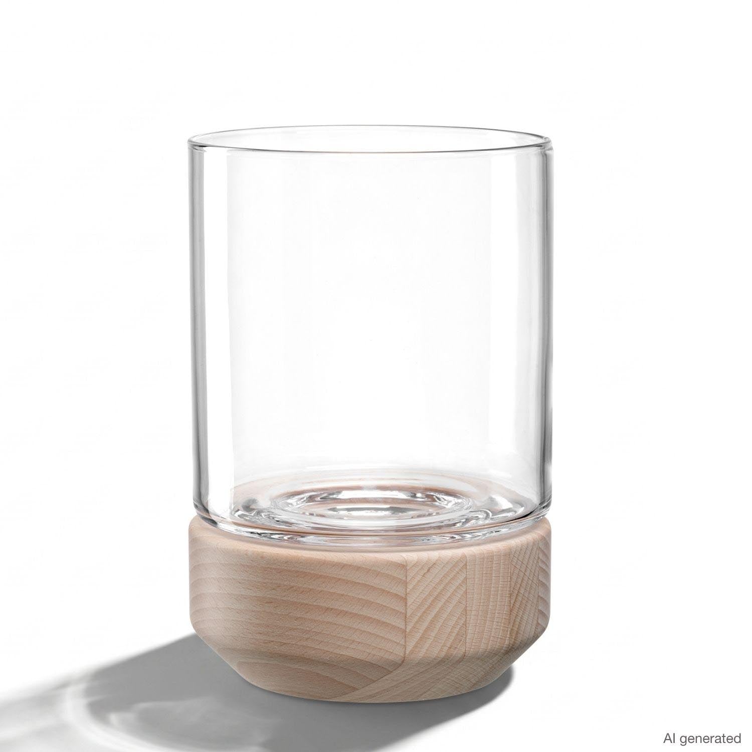 Windlicht auf Holzsockel LEGNO mit Glaszylinder auf weißem Hintergrund