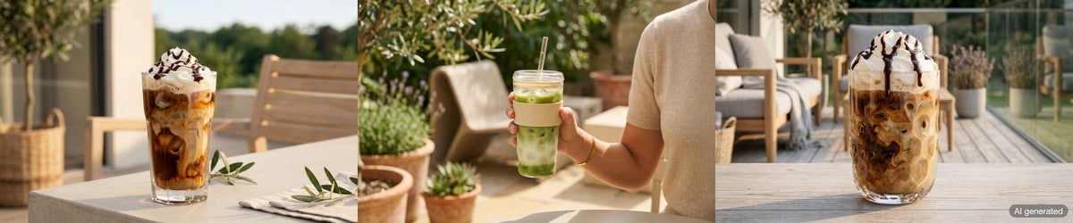 Eiskaffee und Cold-Brew-Gläser auf sonniger Terrasse, Frau hält Glas mit grünem Getränk, Holzterrasse und Grünpflanzen im Hintergrund