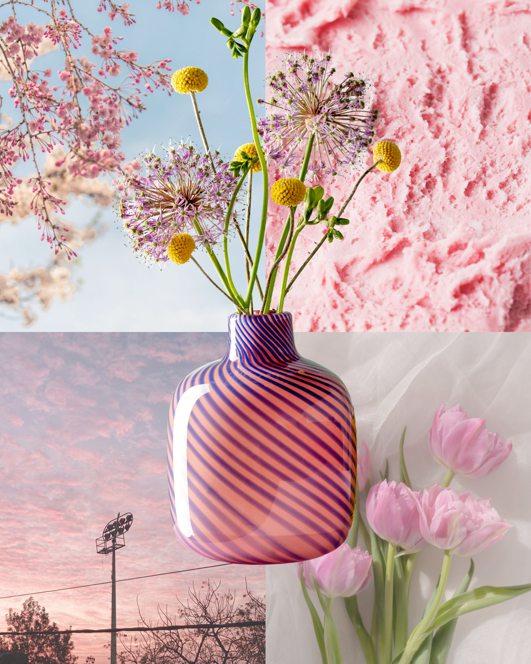 Gestreifte Vase in Rosa- und Lilatönen dekoriert mit filigranen Blüten, kombiniert mit Kirschblüten, rosa Texturen und Himmelsszene.