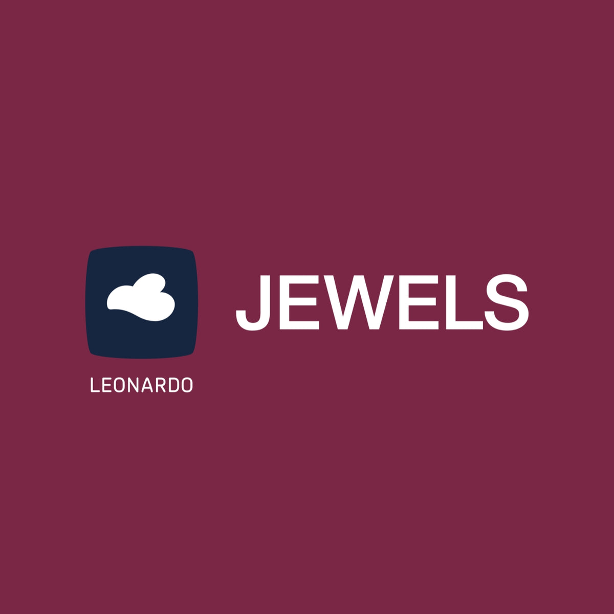 LEONARDO Logo und der Begriff "Jewels" in Weiß auf bordeauxrotem Hintergrund als symbolische Darstellung der gesamten Schmuckwelt.